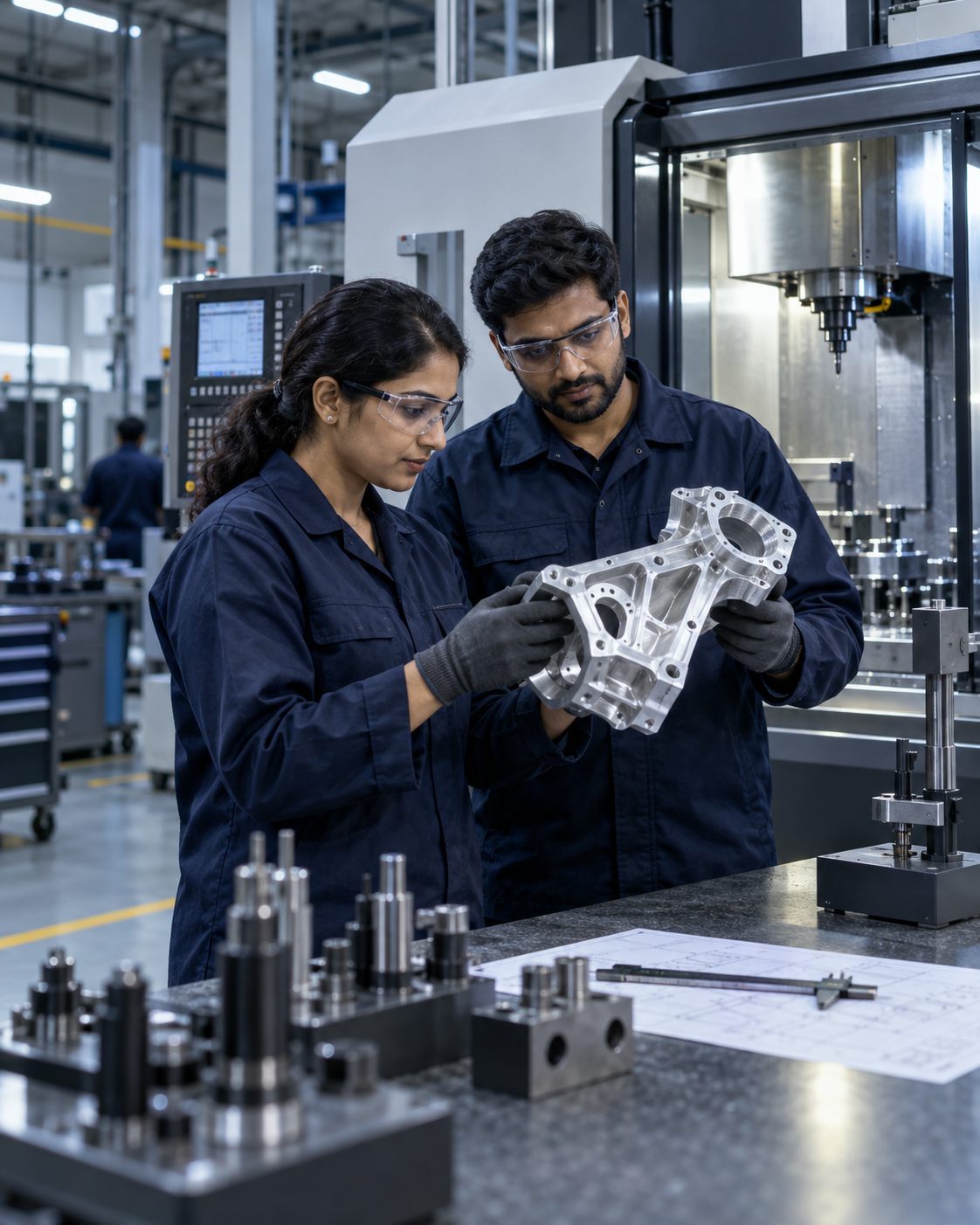 Indian aerospace manufacturing engineers inspecting a precision-machined component beside CNC equipment
